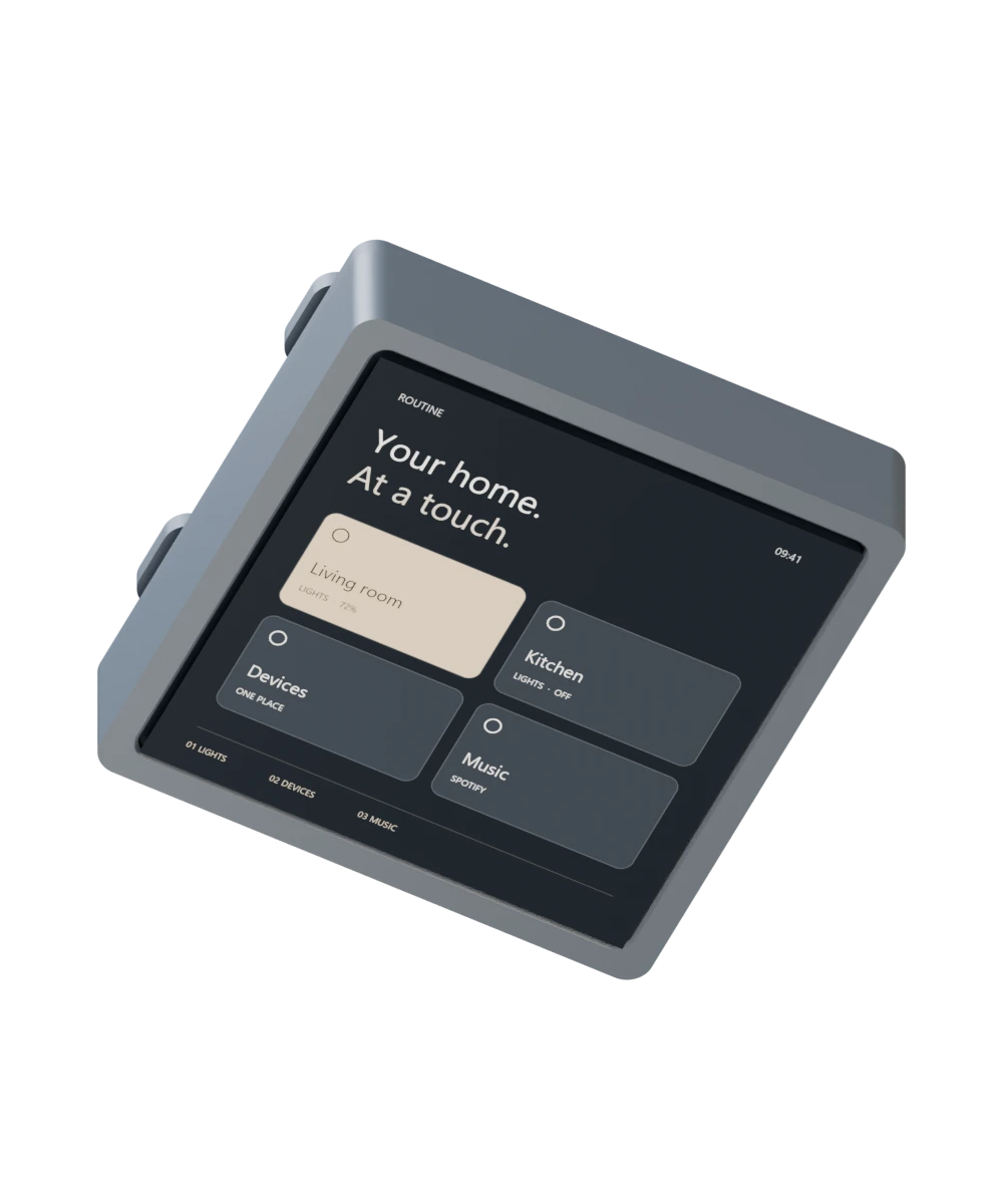 Studio render of the measured Routine Controller assembly, separating into its physical components