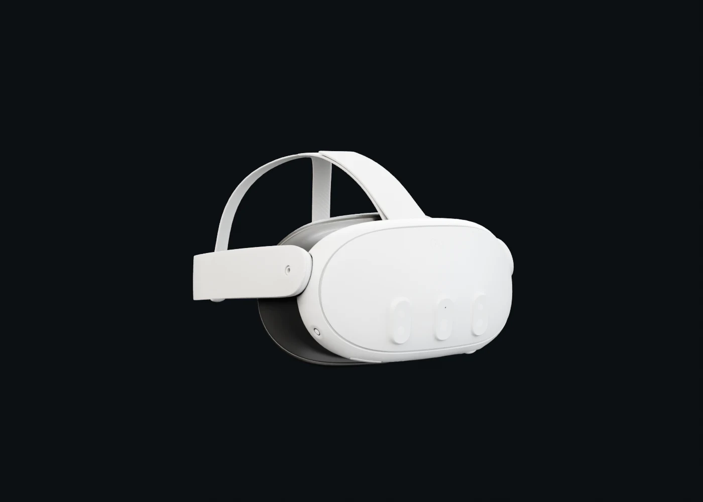 3D render of a Meta Quest 3 headset turning its lenses towards you; the room appears through the left lens as the view moves closer.