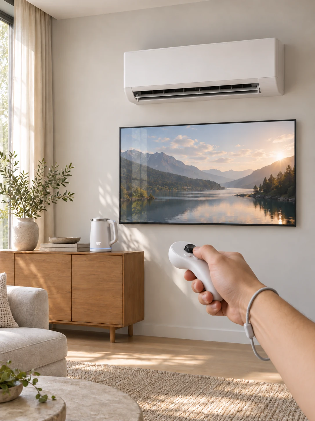 A living room seen through the headset: an air conditioner, a wall TV and a smart kettle are recognised, and the VR controller points at the kettle.